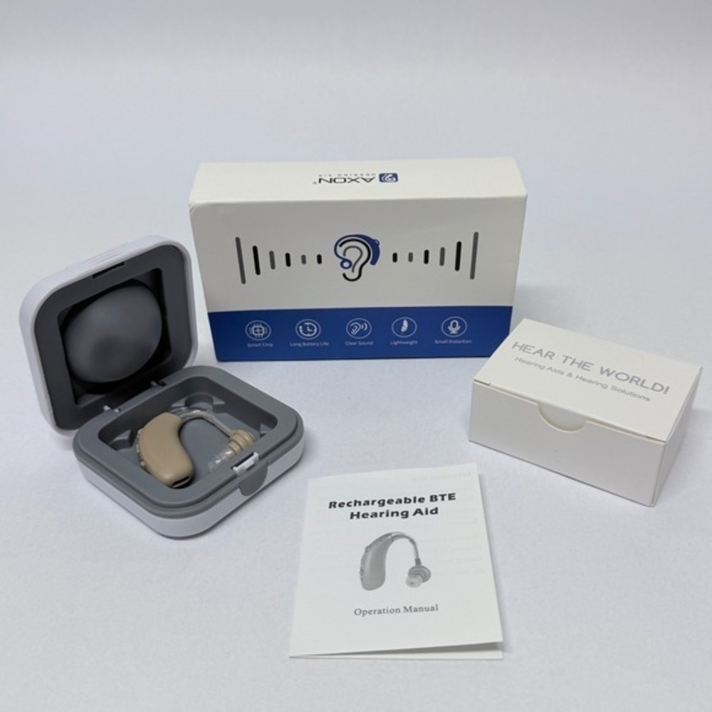 Axon A-360B Rechargeable BTE Hearing Aid Skin Tone Smart Chip Clear Sound Case